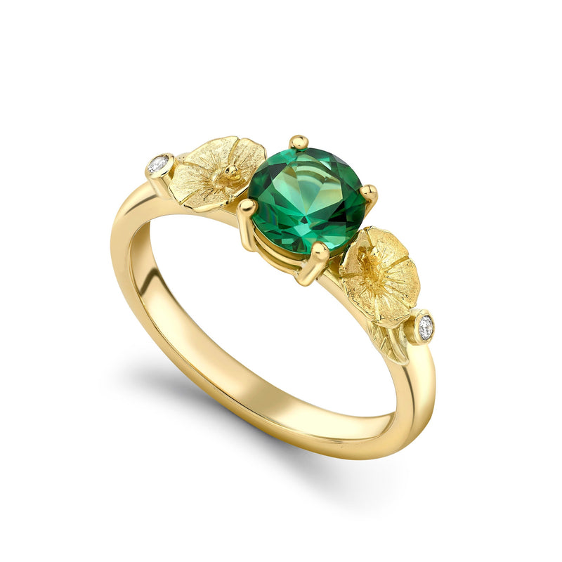 Green Tourmaline and Diamond Hibiscus Posy Ring