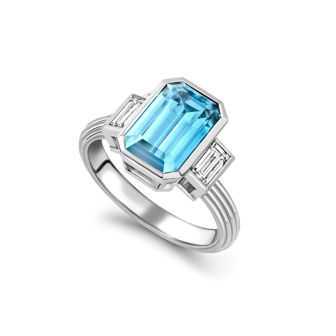 Blue Zircon and Diamond Three Stone Rail Ring