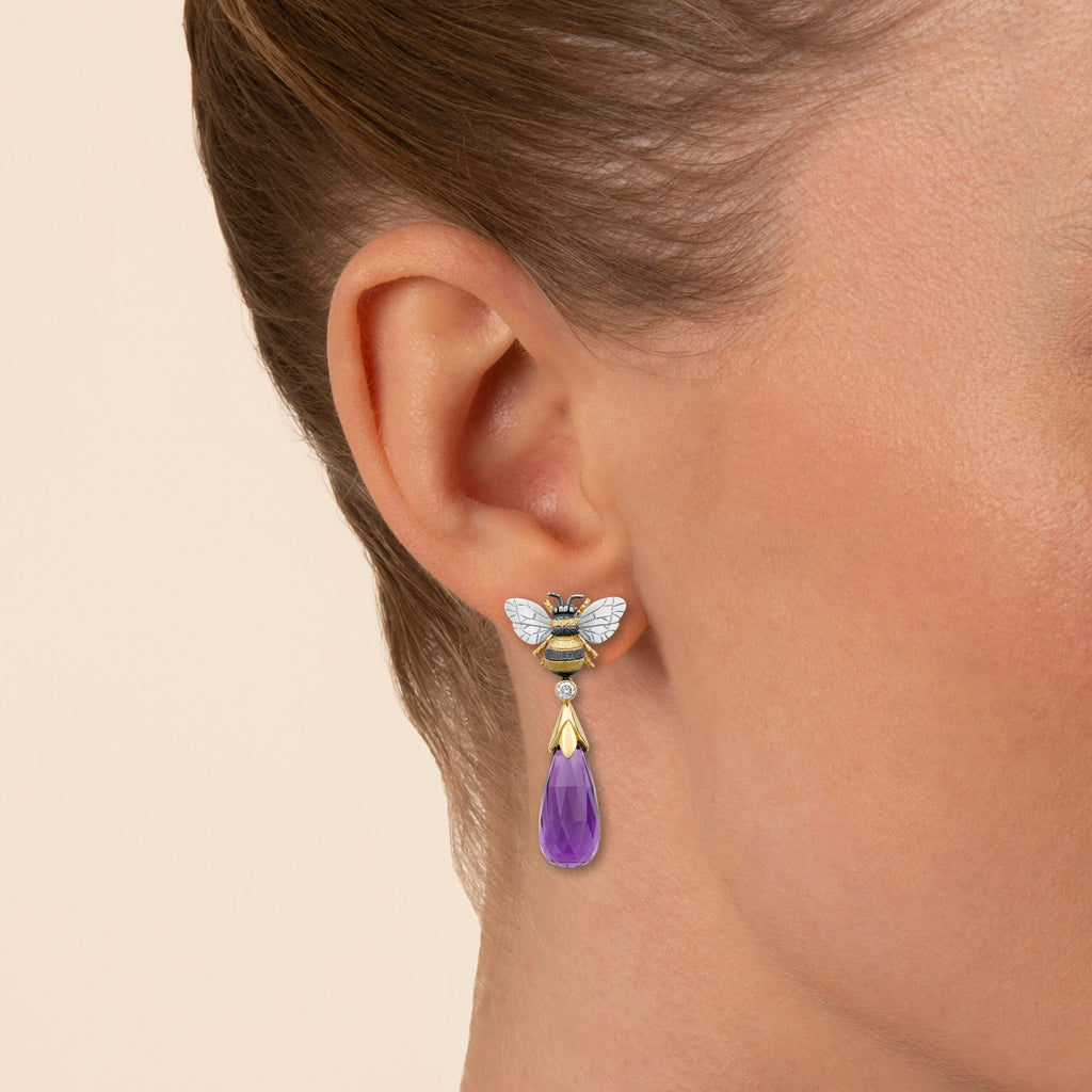 Amethyst & Diamond Large Bee Drop Earrings