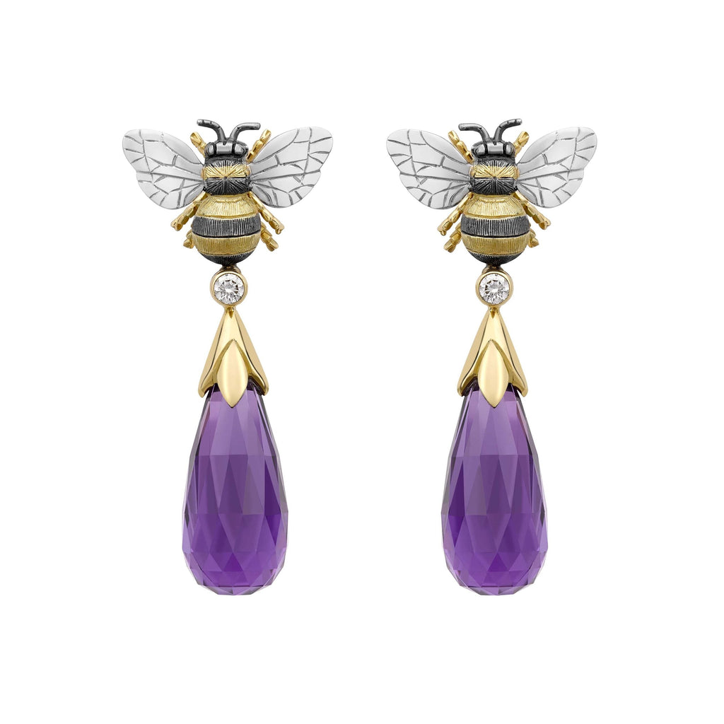 Amethyst & Diamond Large Bee Drop Earrings