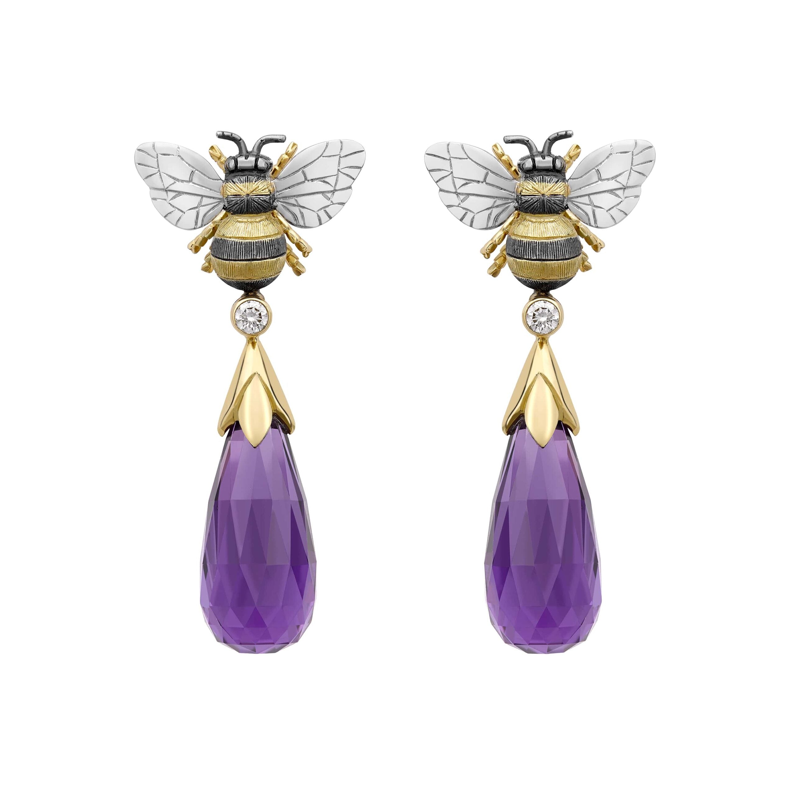 Amethyst & Diamond Large Bee Drop Earrings