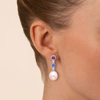 Purple Garnet, Blue Sapphire and Pearl Drop Earrings