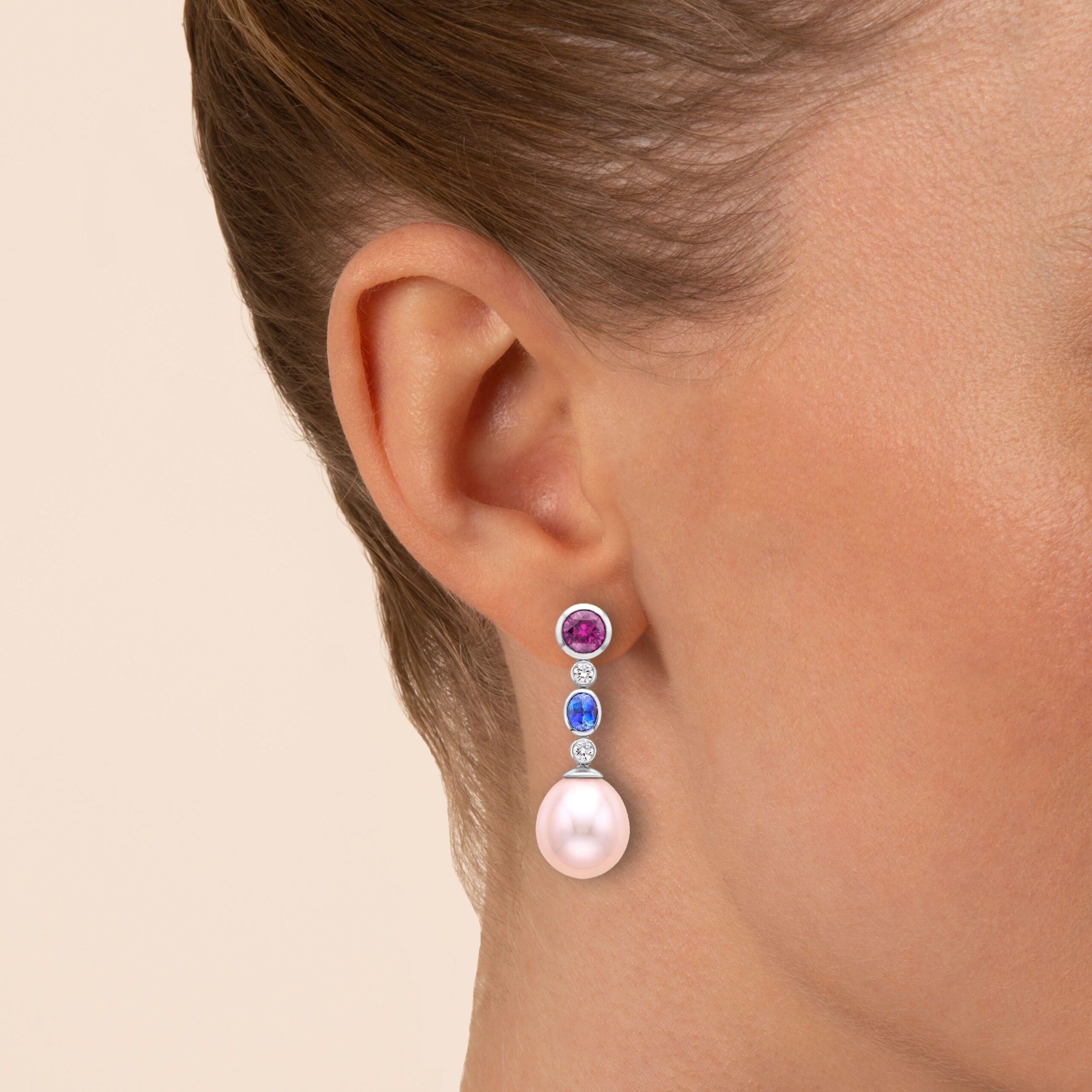 Purple Garnet, Blue Sapphire and Pearl Drop Earrings