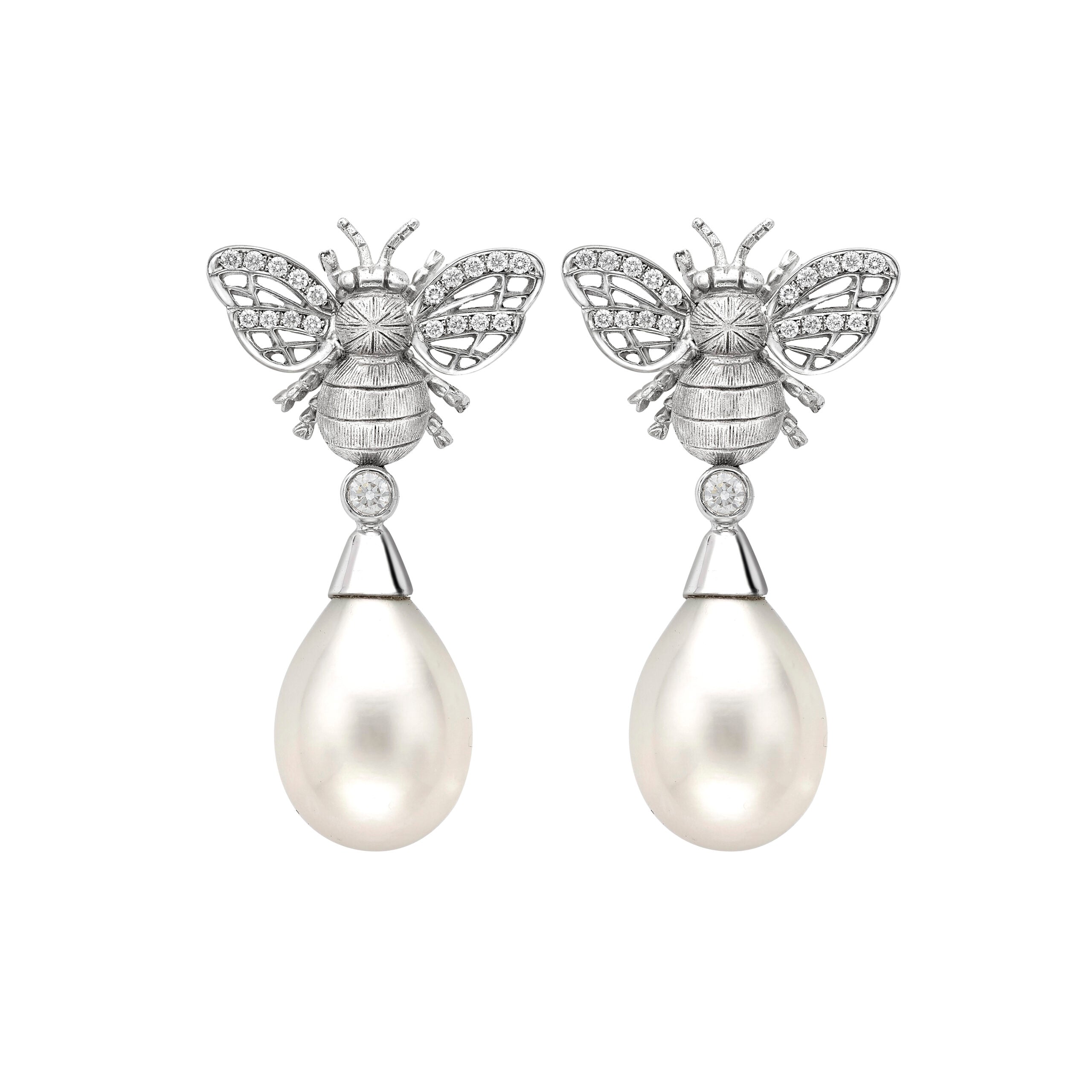 Diamond Bee Drop Pearl Earrings