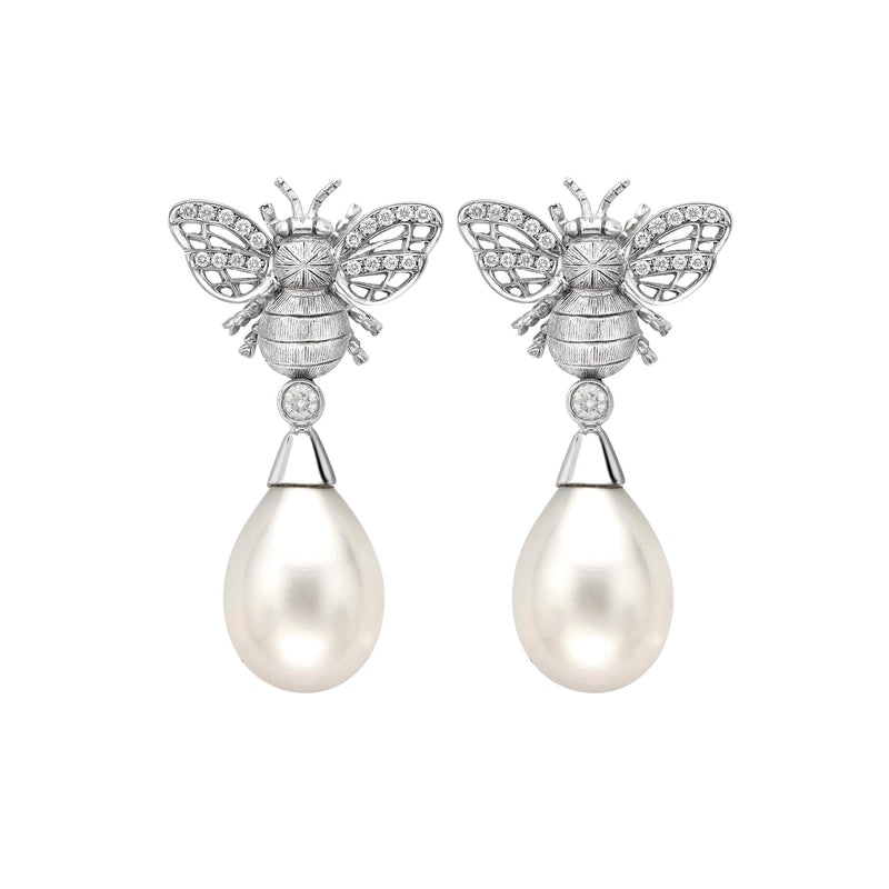 Diamond Bee Drop Pearl Earrings