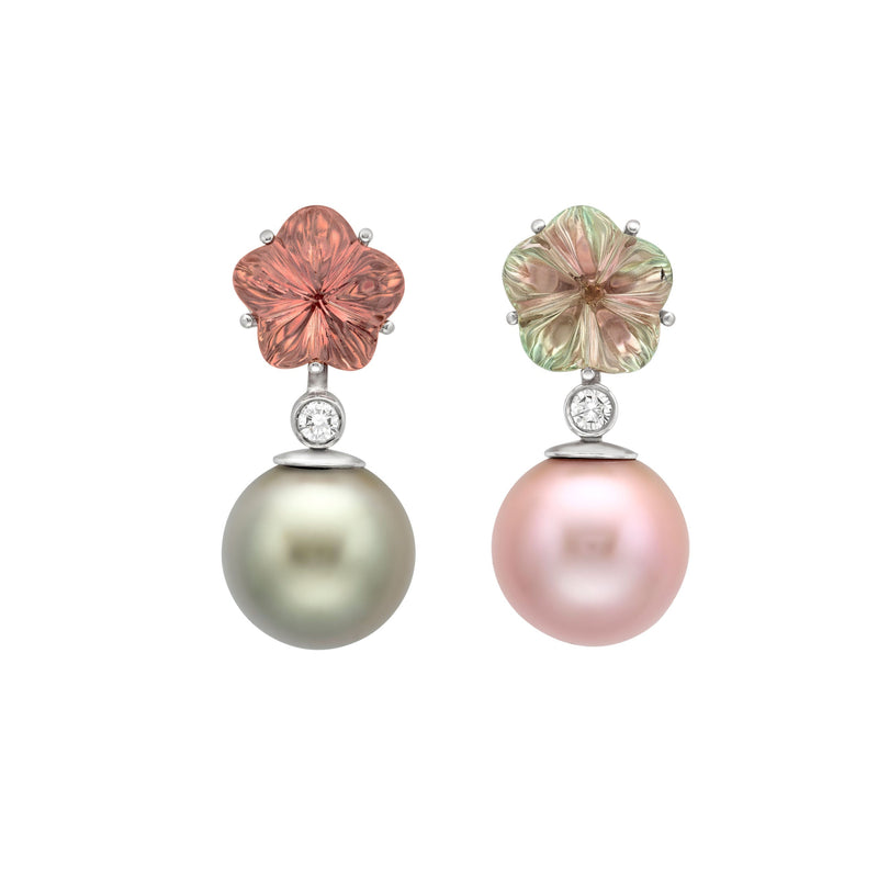 Tourmaline Flower and Pearl Earrings