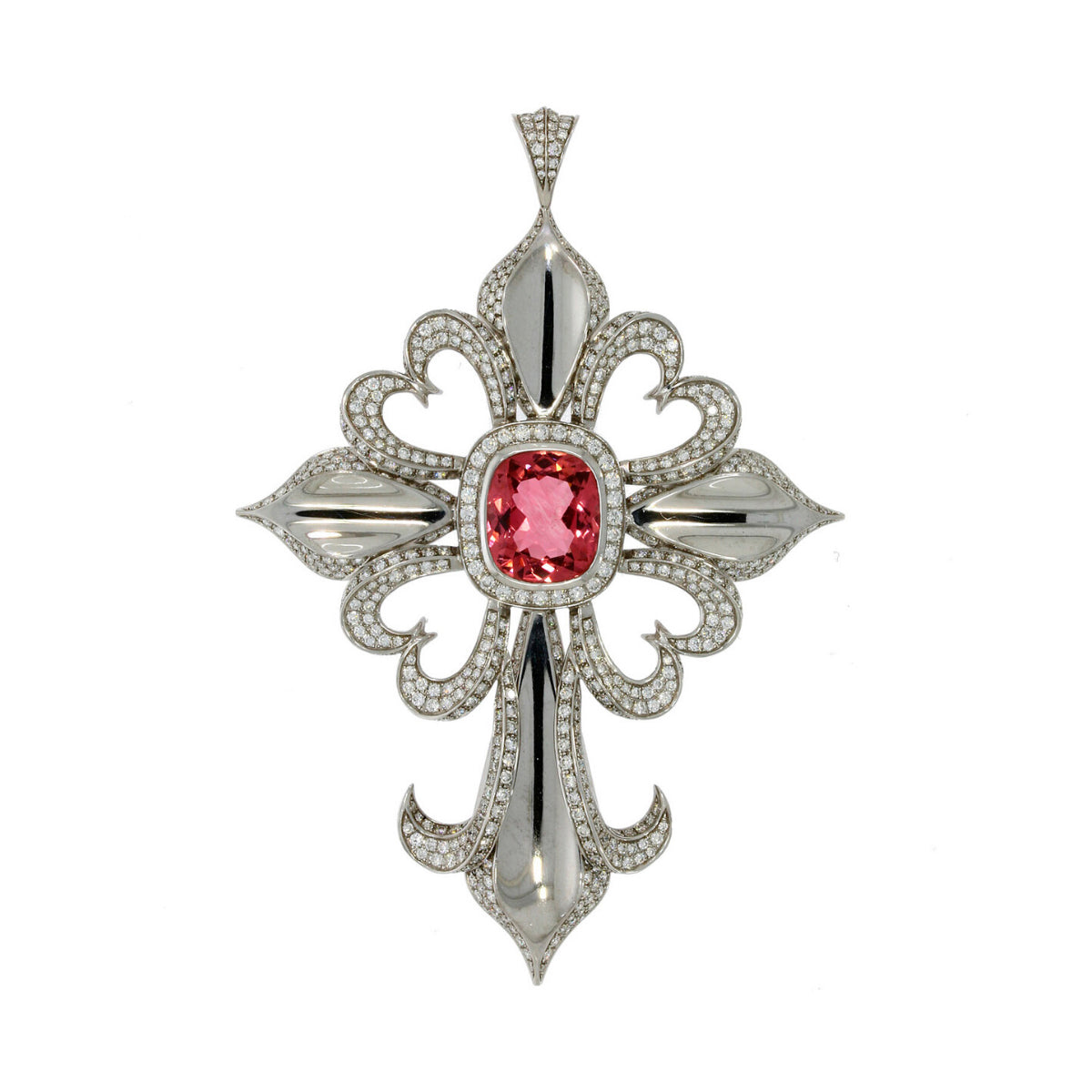 Pink Tourmaline & Diamond Scallop Cross Pendant