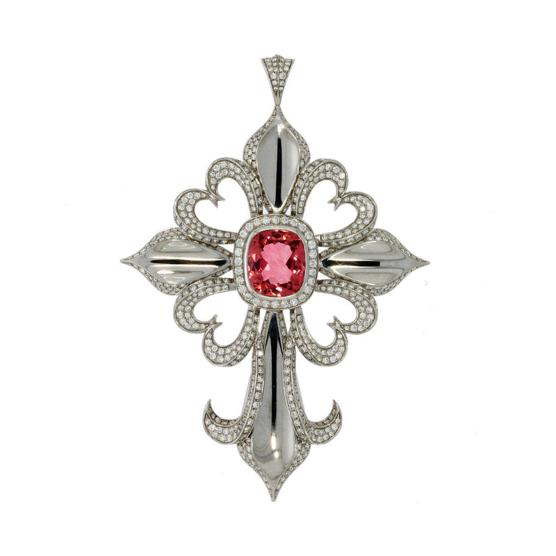 Pink Tourmaline & Diamond Scallop Cross Pendant