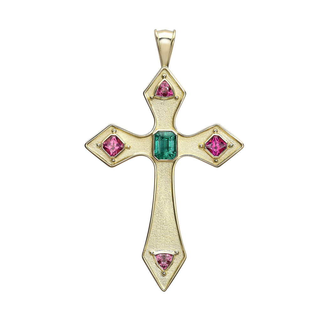 Emerald & Pink Spinel Gothic Cross Pendant