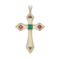 Emerald & Pink Spinel Gothic Cross Pendant