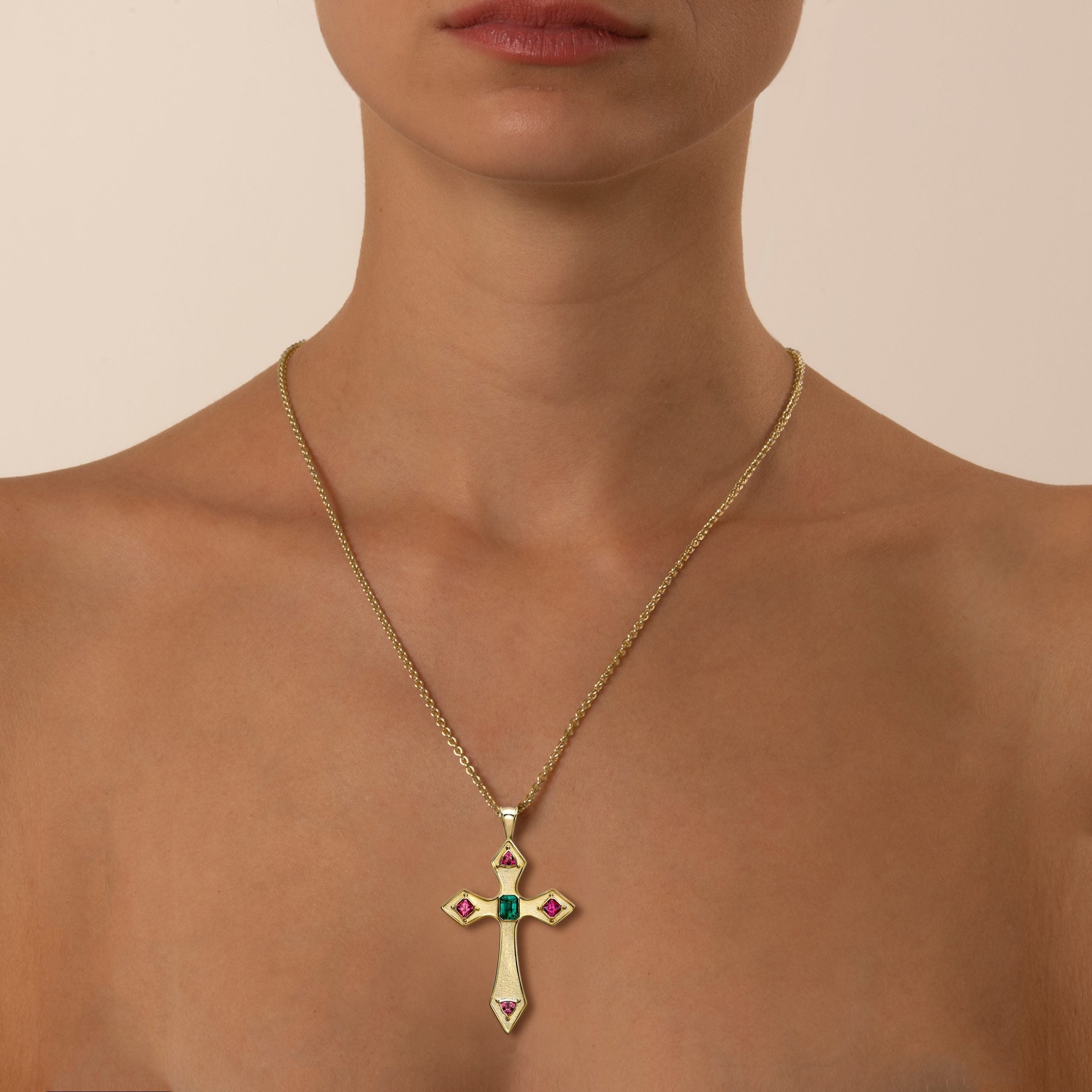 Emerald & Pink Spinel Gothic Cross Pendant
