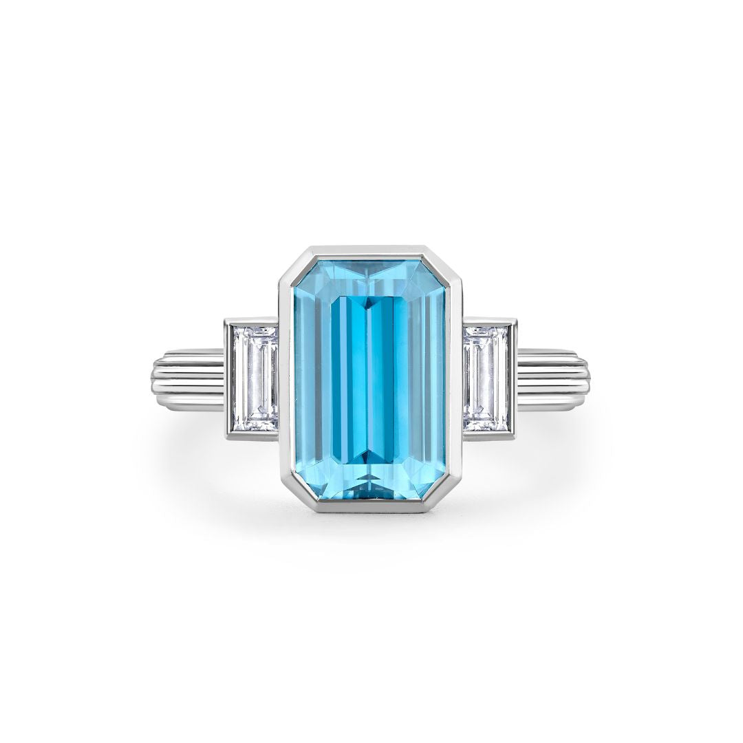 Blue Zircon and Diamond Three Stone Rail Ring