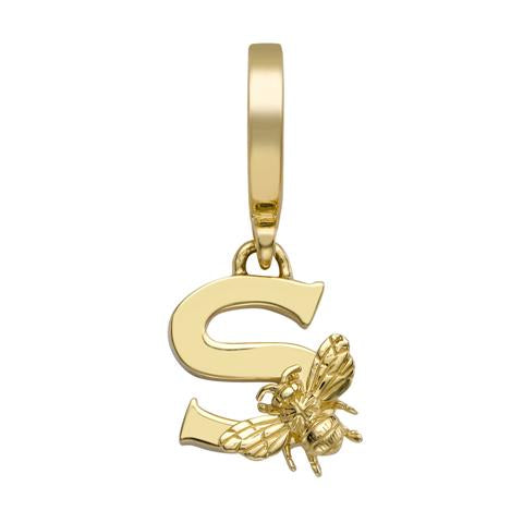 Yellow Gold Letter 'S' Charm with Bee Motif