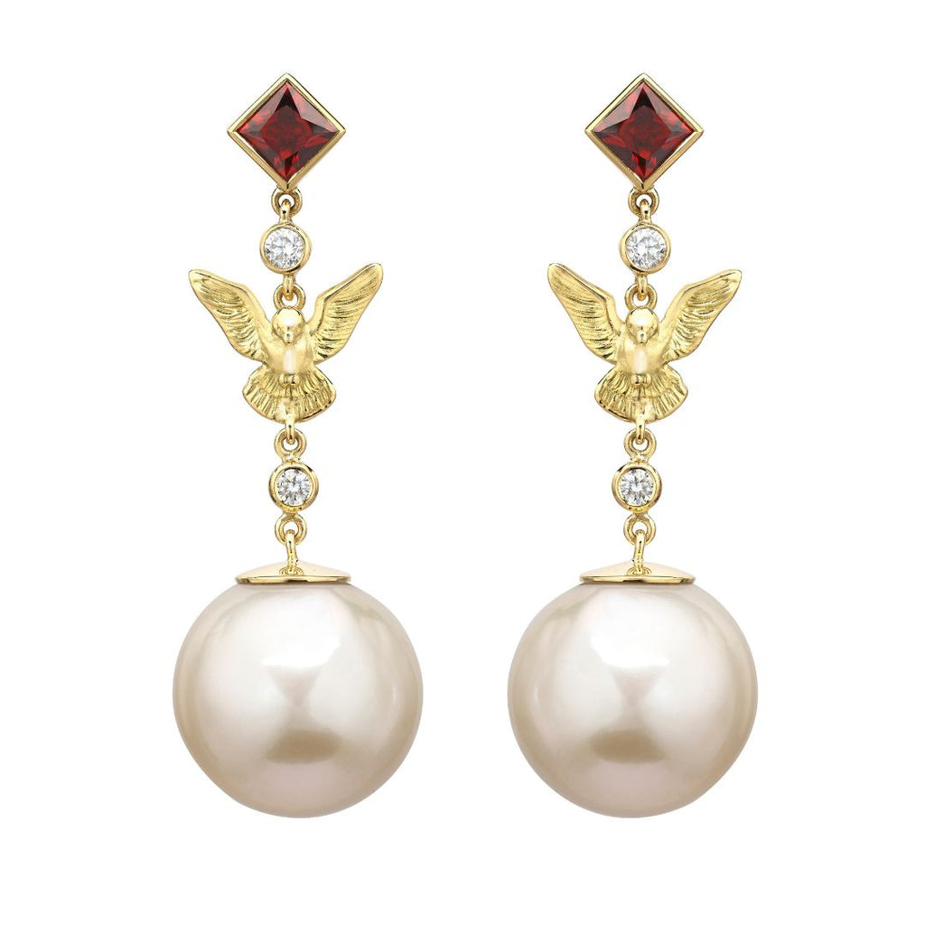 Dove, Garnet and Pearl Drop Fable Earrings
