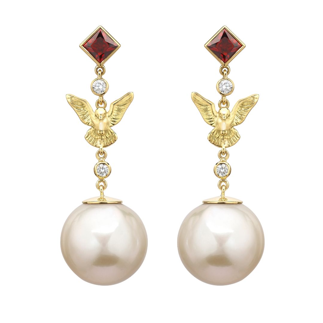 Dove, Garnet and Pearl Drop Fable Earrings