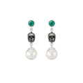 Skull Emerald and Pearl Drop Earrings