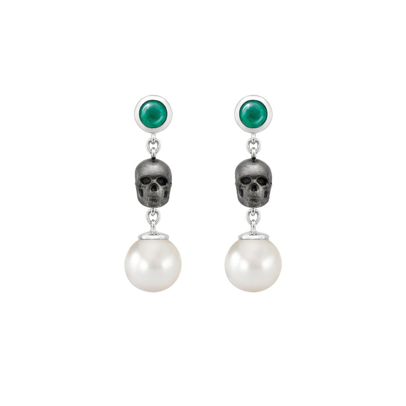 Skull Emerald and Pearl Drop Earrings