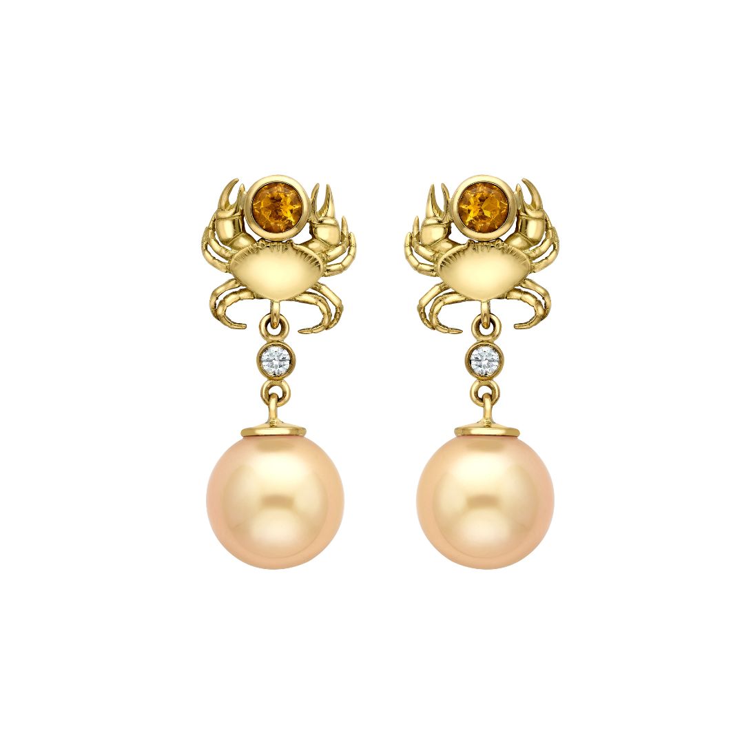 Crab Golden Pearl Drop Earrings
