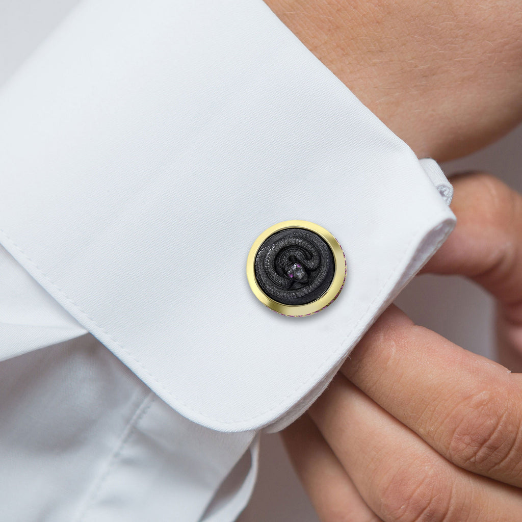 Carved Silver Obsidian & Ruby Snake Cufflinks