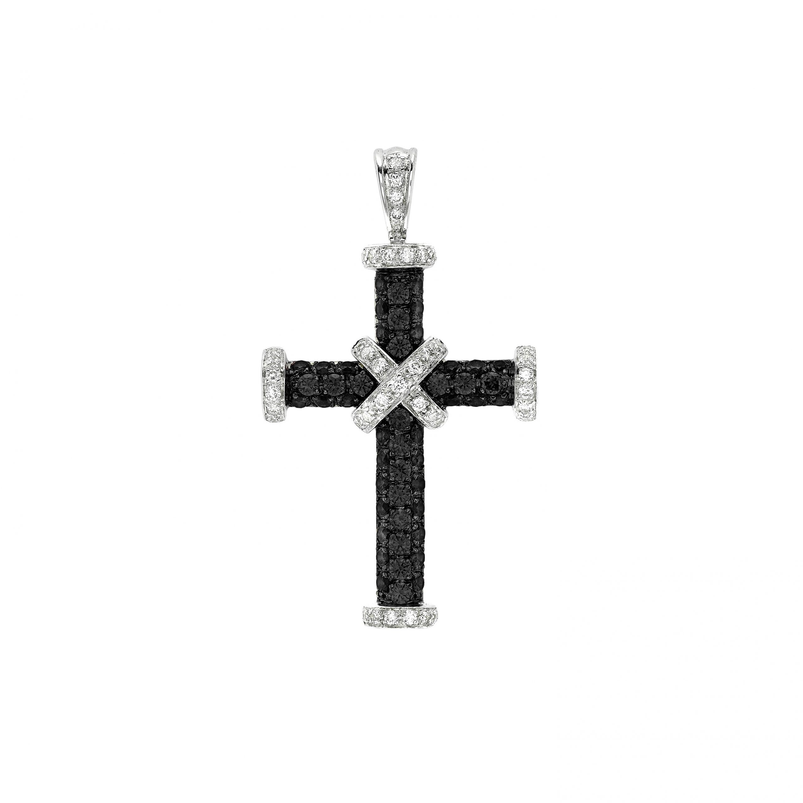Black & White Diamond Cross Pendant White 14K Gold 5.55 ct & 4.83 ct Invis  22.58