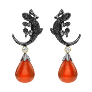 Fire Opal, Diamond & Ruby Salamander Drop Earrings