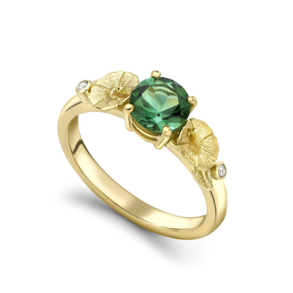 Green Tourmaline and Diamond Hibiscus Posy Ring