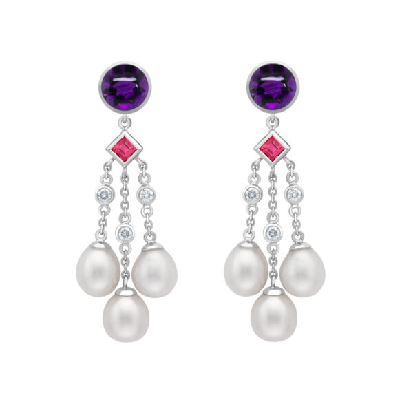 Amethyst and Rubellite, Diamond Waterfall Pearl Earrings
